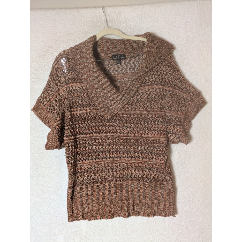 One A Sweater Top Women's Size M Brown Short Sleeve Open Knit Shawl Collar